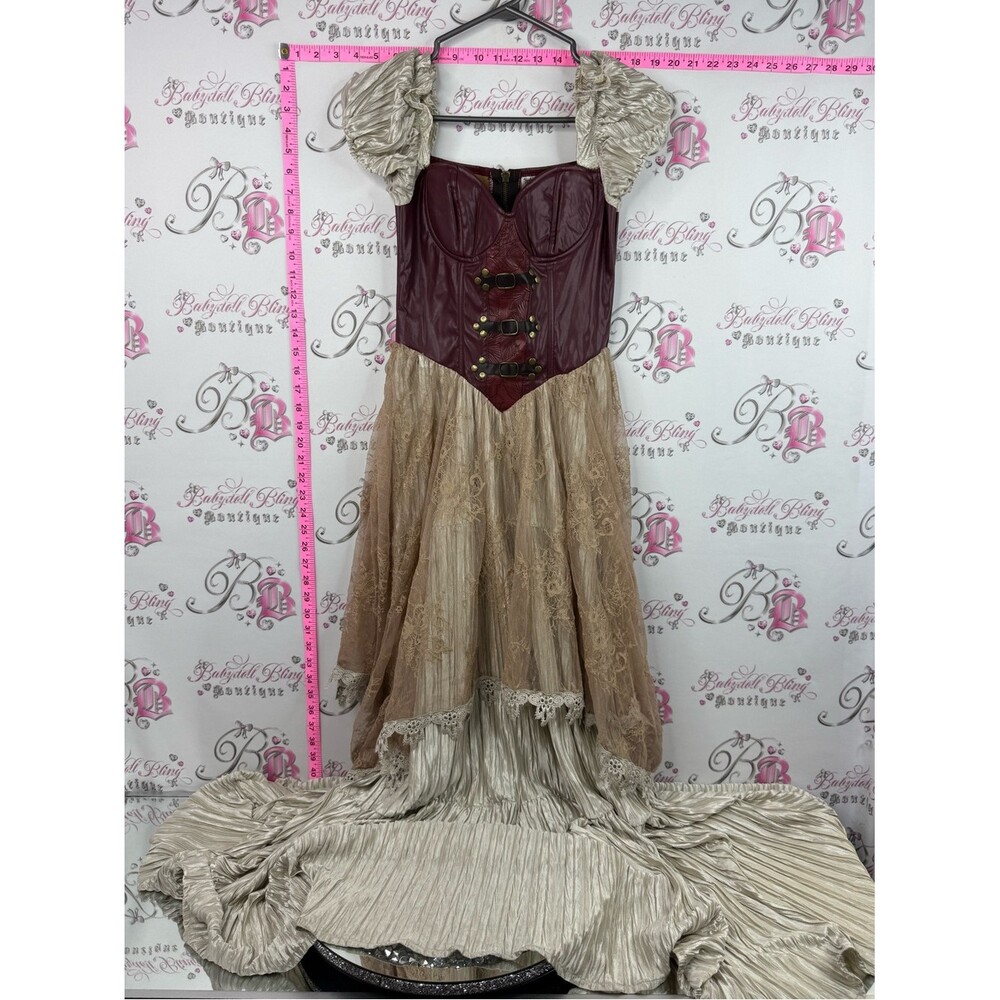 Spirit Halloween dress bustier Burgundy and Champagne Steampunk Corset Gown - Picture 1 of 12